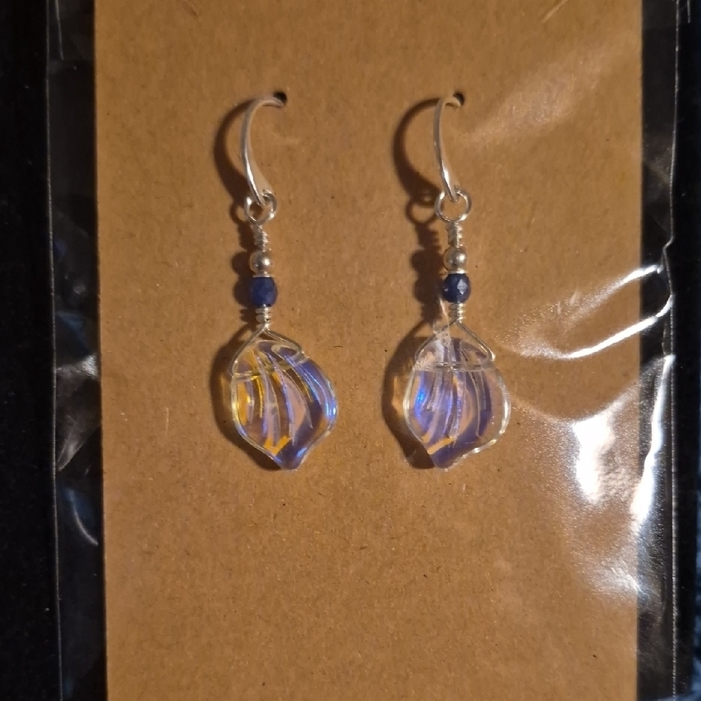 Sapphireskies Designs Sterling Silver and Glass Iridescent Leaf Drop Earrings
